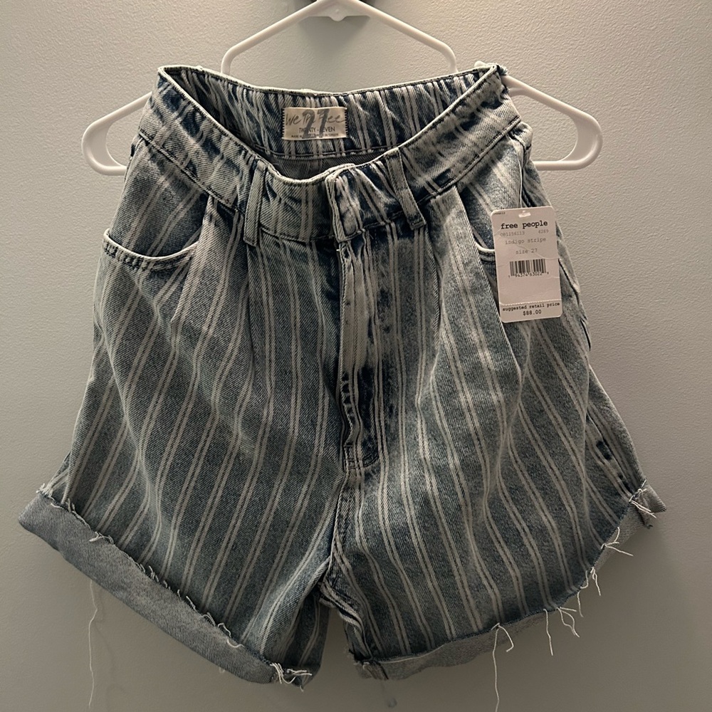 Free People Striped Jean Shorts - Blue and White
